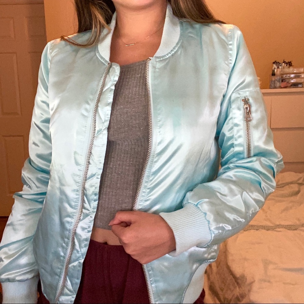 Light blue satin puffer bomber jacket